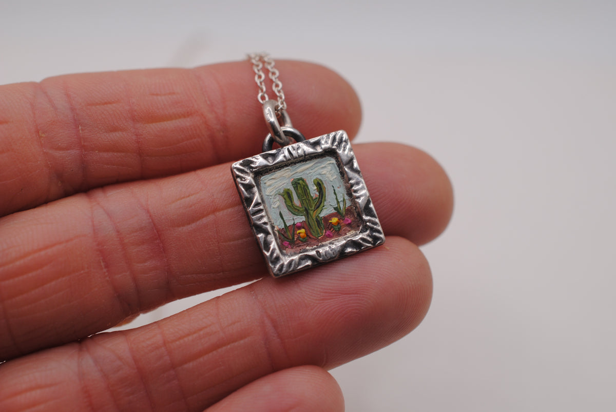 "Cactus" Mini Oil Painting Necklace