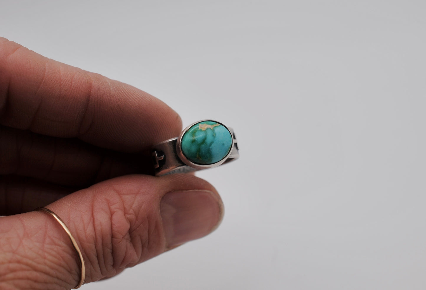 Turquoise Ring with Hobo Symbols - Size 7