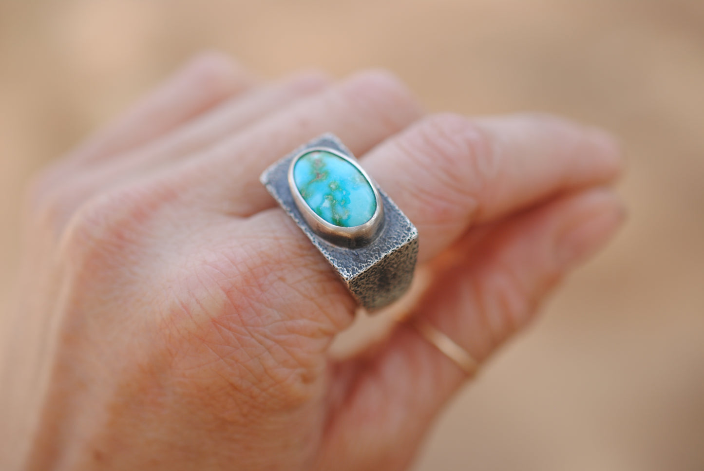 Sand Casted Turquoise Ring - Size 9