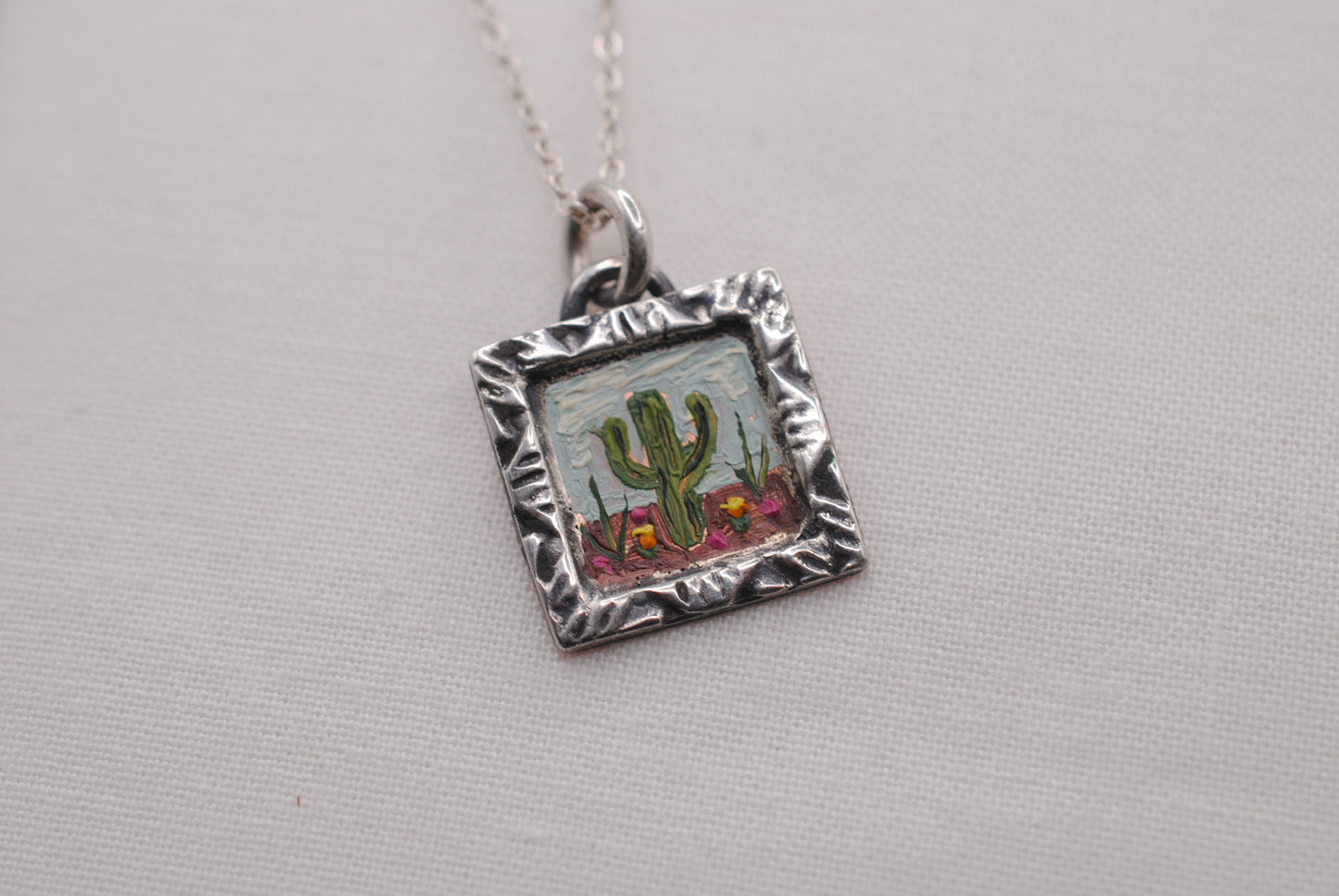 "Cactus" Mini Oil Painting Necklace