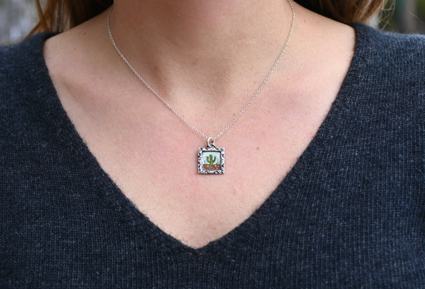 "Cactus" Mini Oil Painting Necklace